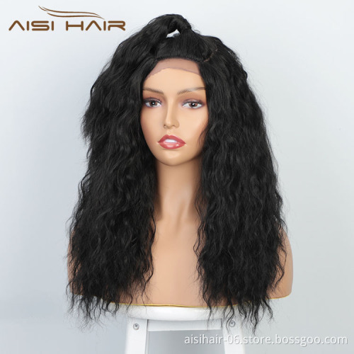 Aisi Hair 18 Inch Long Body Wave Natural Black Wig With Ponytail Swiss Lace Wig Water Wave Synthetic Hair Wigs For Black Women